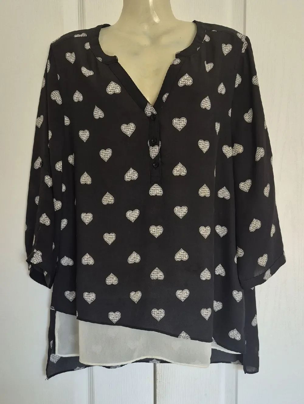Reitmans Black Blouse with White Heart Print